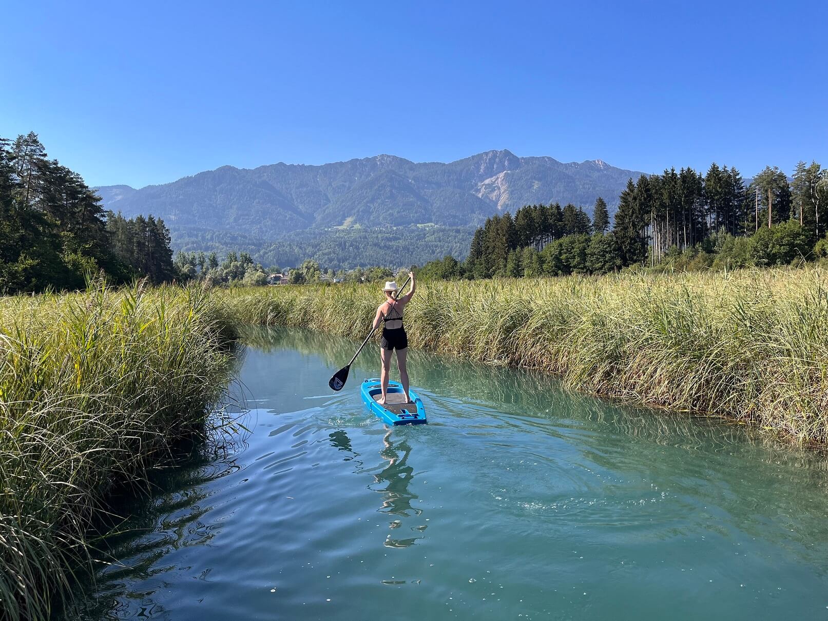 Rented stand-up paddleboard in reed meander of Lake Faak